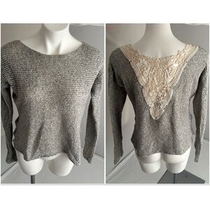 Hollister gray and cream mixed media lightweight sweater crochet lace back